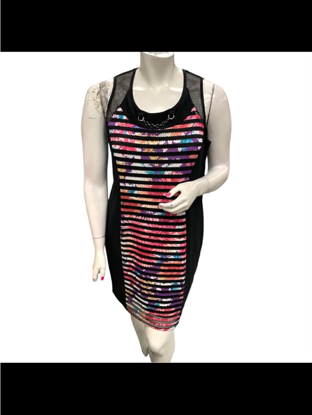 Picadilly Fashion Black Dress with Multicolor Striped Front Panel Size Xl